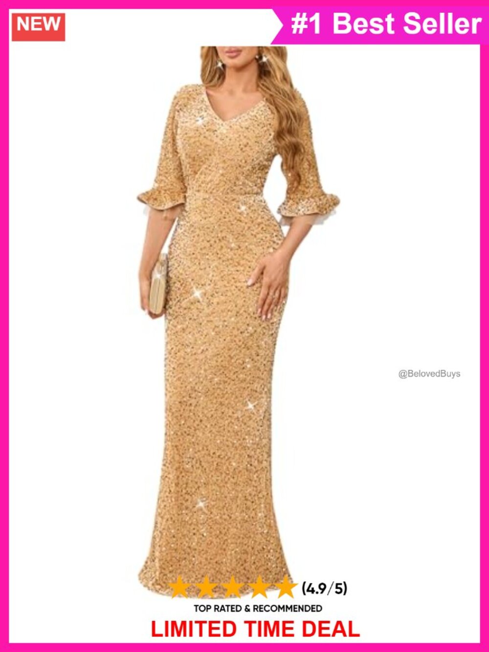 Sequin V Neck Flare Sleeve Formal Evening Gown Velvet Mermaid
